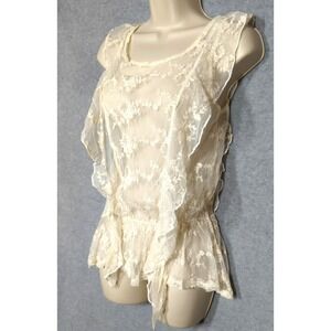 Sheer Embroidered White Mesh Top M Ruffle Romantic Charm Coquette Fairy Princess